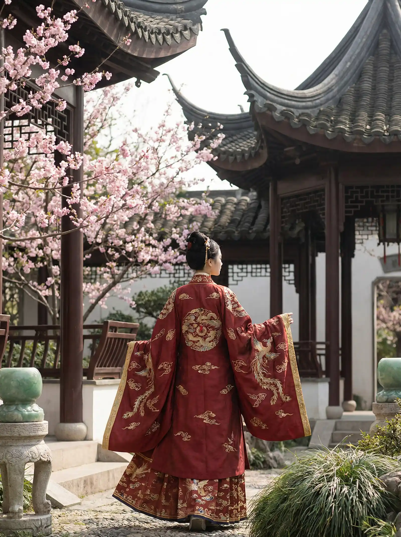 翁熄春房情意浓 明制汉服红色凤凰刺绣